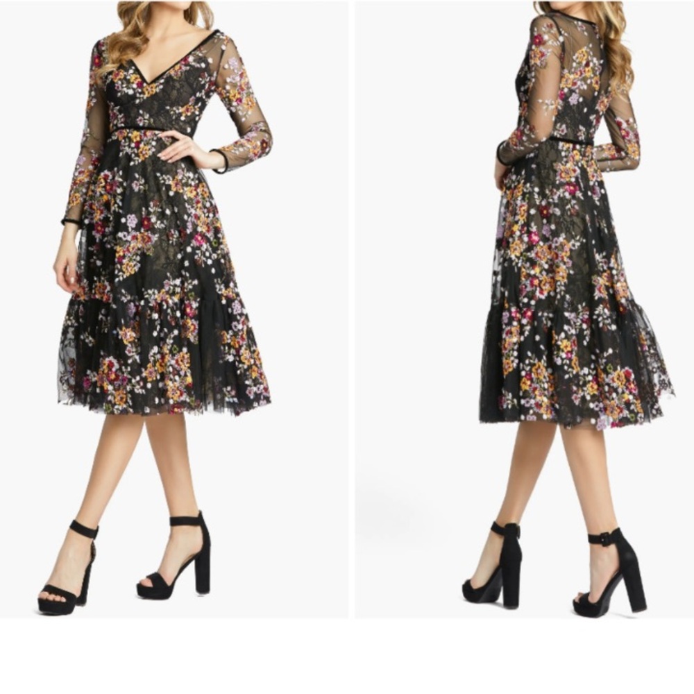 Mac Duggal Black Floral Asymmetrical Tulle Midi Dress